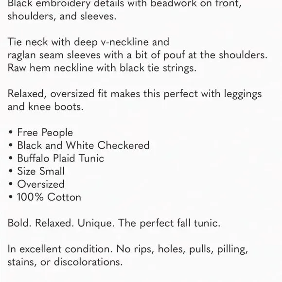 Free People Embroidered & Beaded Buffalo Plaid Gauze
Long Sleeve Tunic Top Sz S - Picture 11 of 13